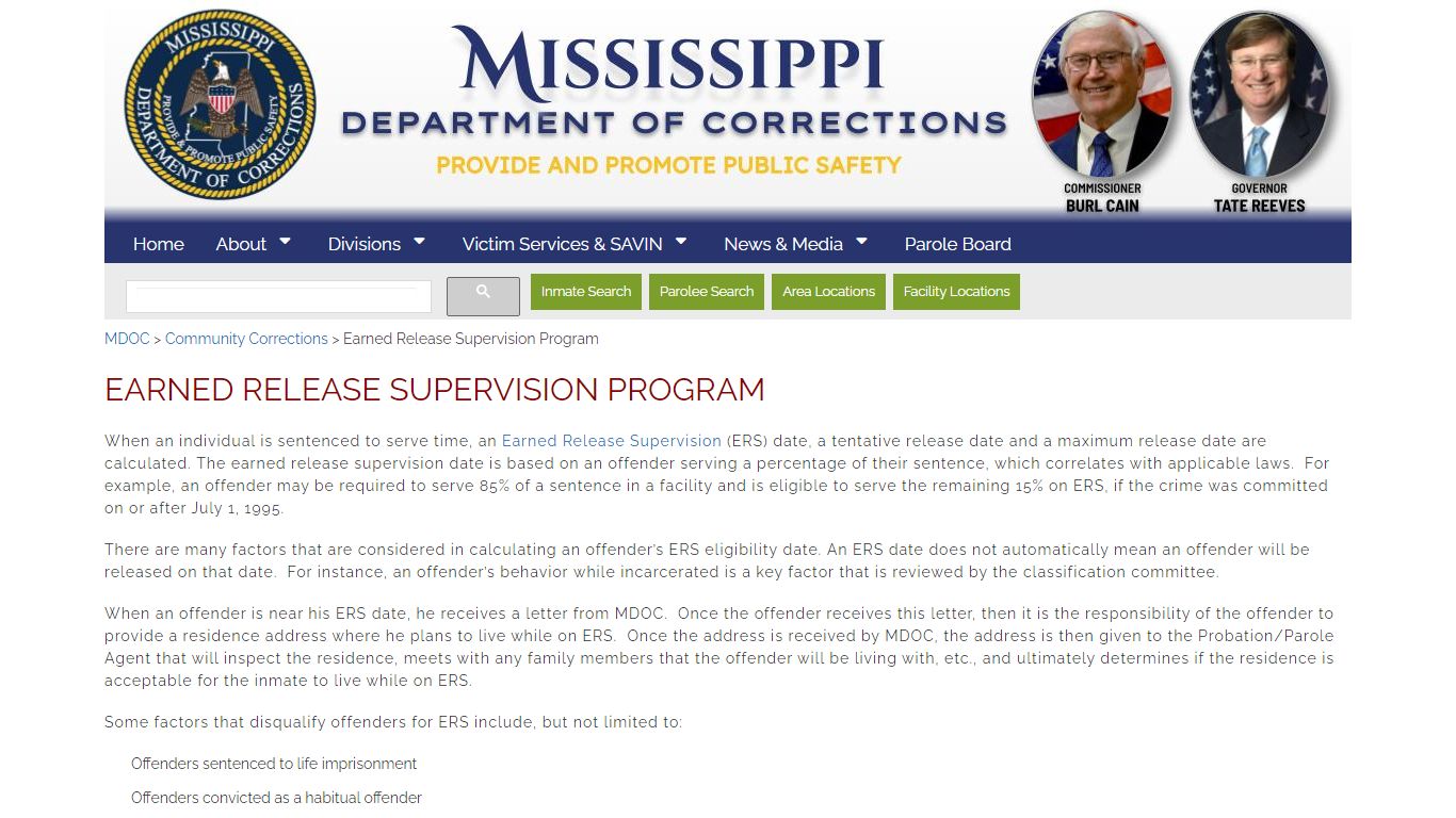 Earned Release Supervision Program - MS